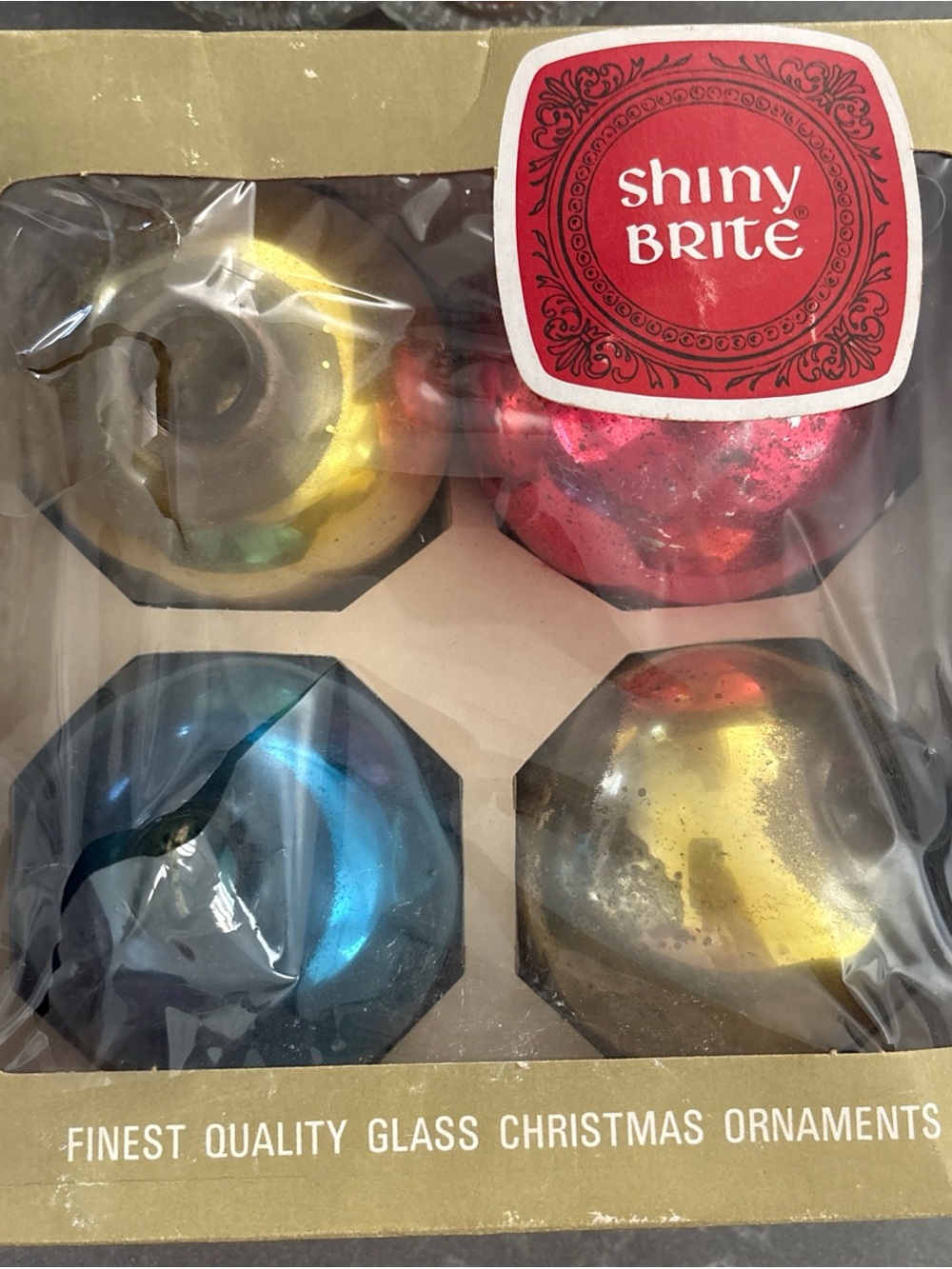 VTG Shiny Brite Jumbo Christmas Ornaments 3.25” Box Of 4 Blue Gold Pink